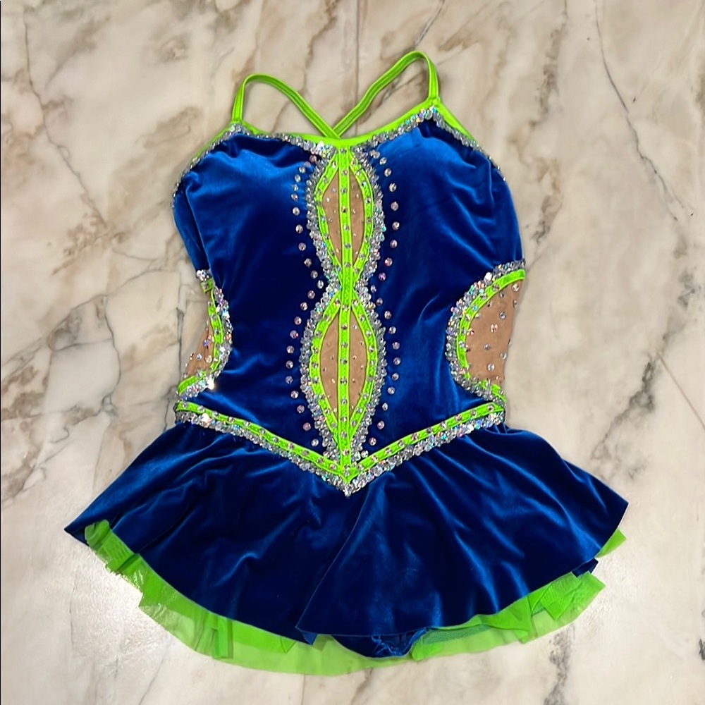 Blue and Green twirling majorette dance Showoff Costume with Swarovski crystals